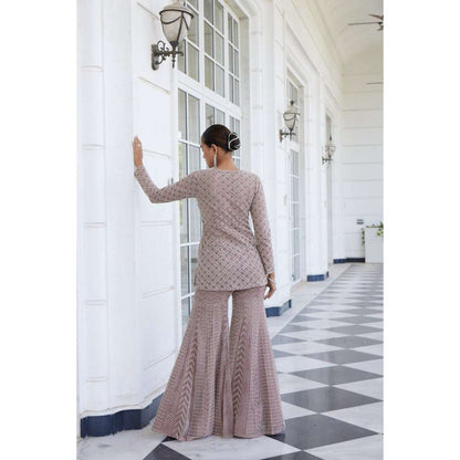 CHARU AND VASUNDHARA Shamsia Salmon Pink Kurti with Sharara (Set of 2)