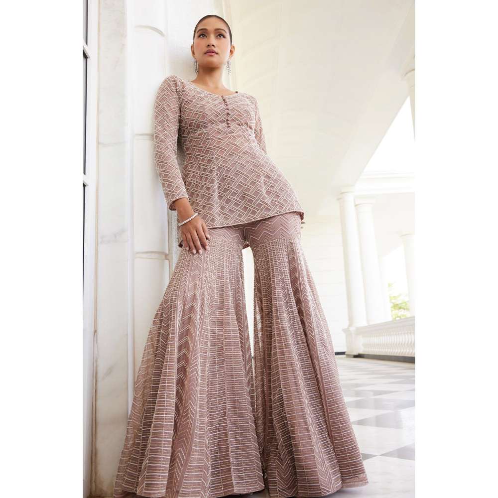 CHARU AND VASUNDHARA Shamsia Salmon Pink Kurti with Sharara (Set of 2)