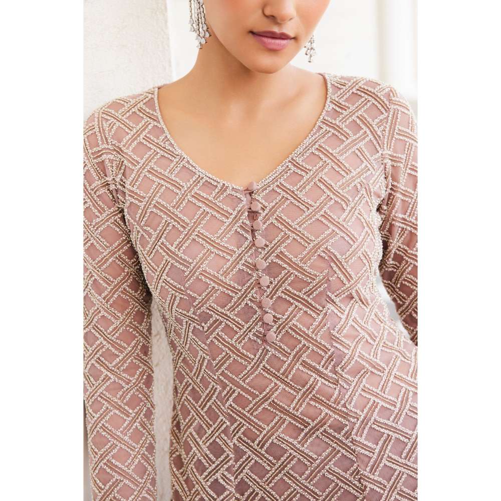 CHARU AND VASUNDHARA Shamsia Salmon Pink Kurti with Sharara (Set of 2)