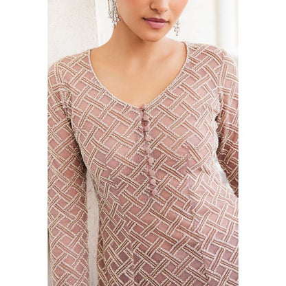 CHARU AND VASUNDHARA Shamsia Salmon Pink Kurti with Sharara (Set of 2)