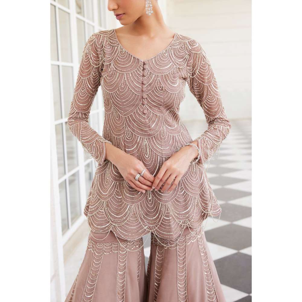 CHARU AND VASUNDHARA Shuha Salmon Pink Kurti with Sharara (Set of 2)