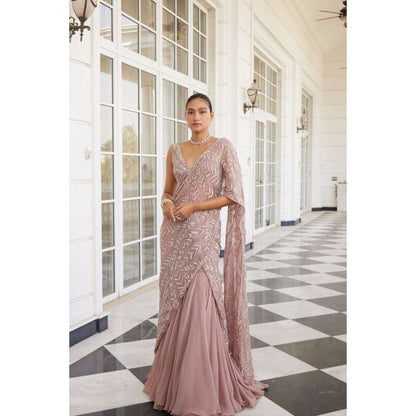 CHARU AND VASUNDHARA Sithara Salmon Pink Embellished Lehenga Saree with Stitched Blouse
