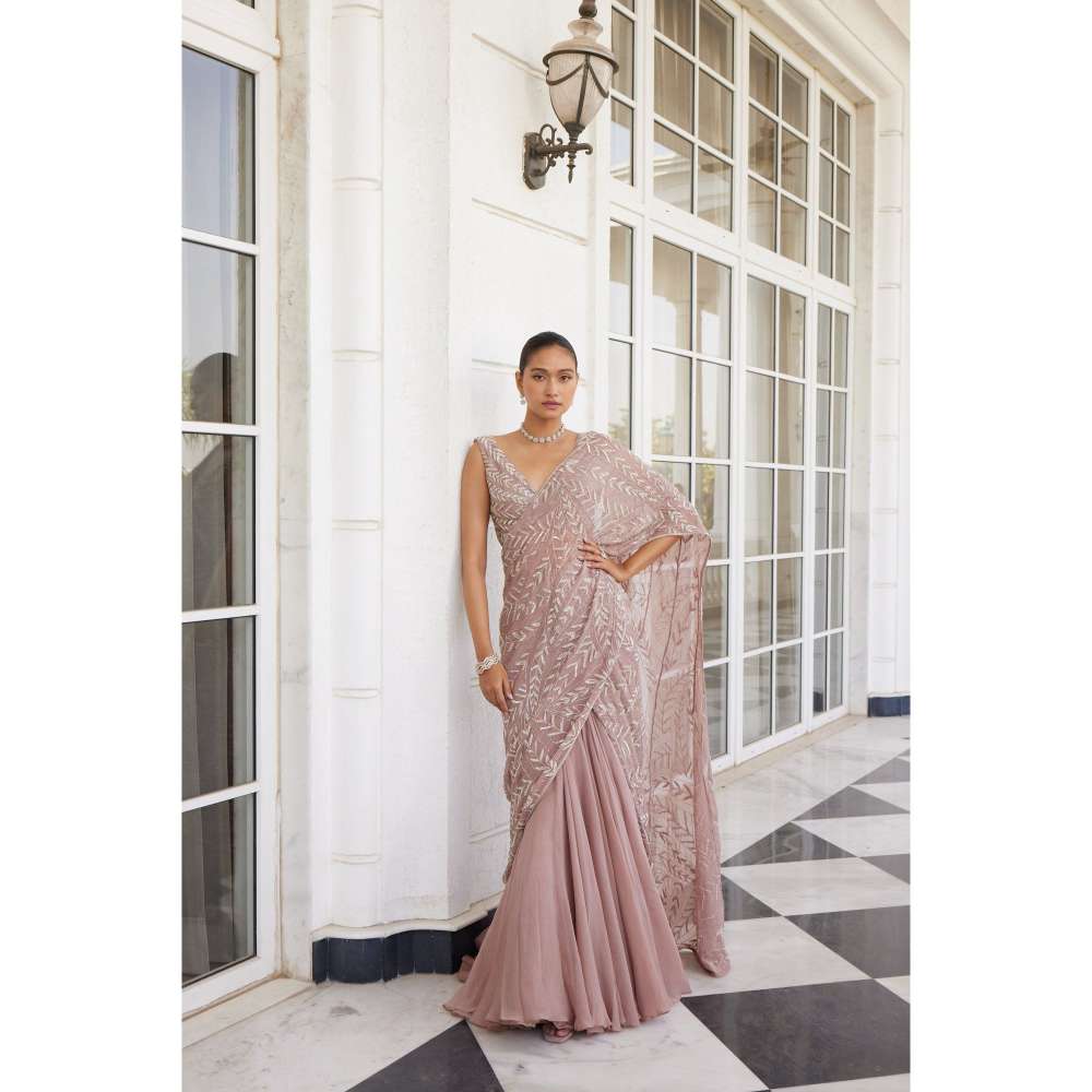 CHARU AND VASUNDHARA Sithara Salmon Pink Embellished Lehenga Saree with Stitched Blouse