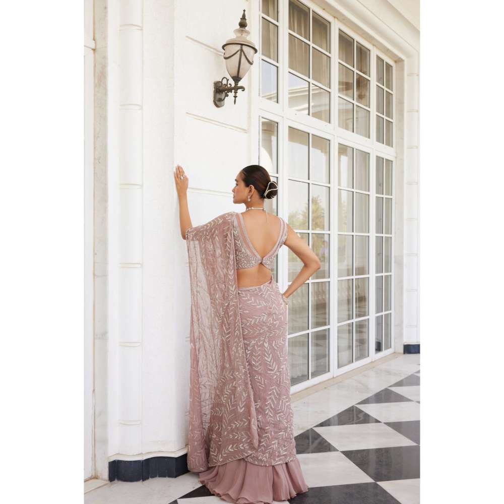 CHARU AND VASUNDHARA Sithara Salmon Pink Embellished Lehenga Saree with Stitched Blouse