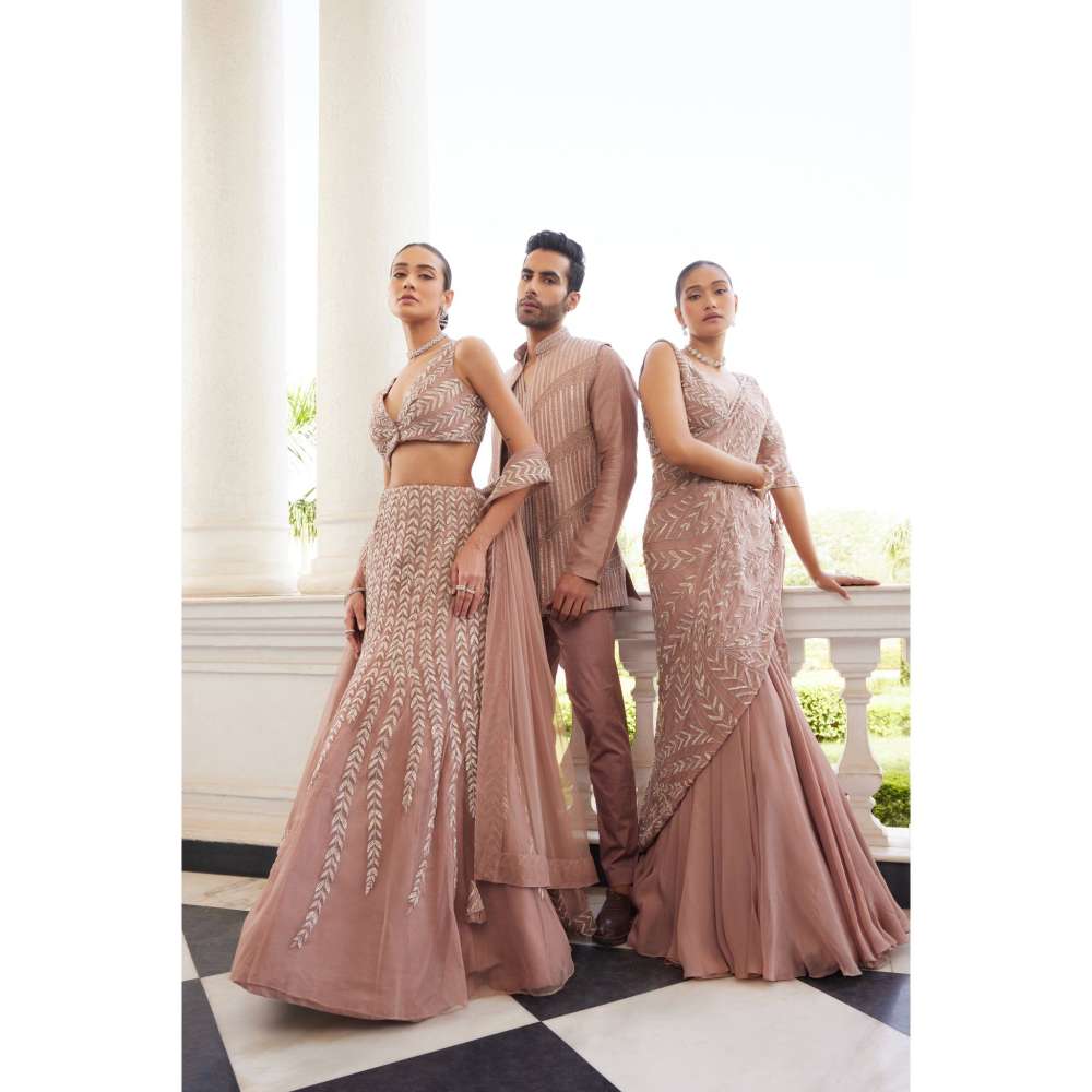 CHARU AND VASUNDHARA Sithara Salmon Pink Embellished Lehenga Saree with Stitched Blouse