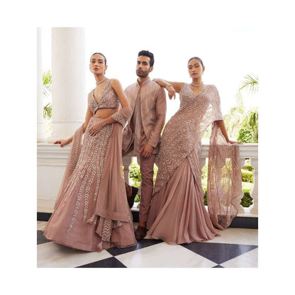 CHARU AND VASUNDHARA Sithara Salmon Pink Embellished Lehenga Saree with Stitched Blouse