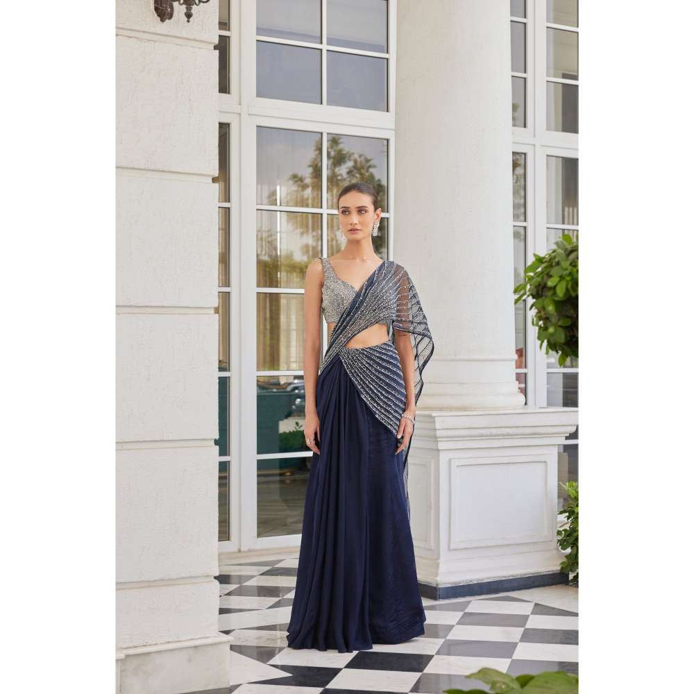 CHARU AND VASUNDHARA Soheila Embellished Pre-Draped Saree with Stitched Blouse & Palla