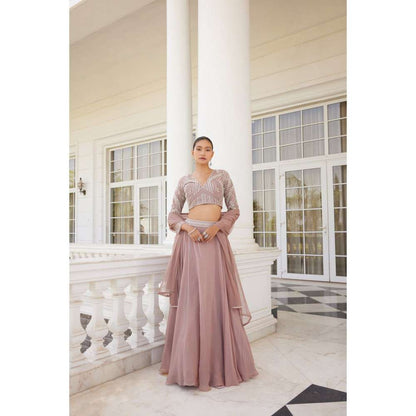 CHARU AND VASUNDHARA Skye Pink Classic Skirt with Blouse & Dupatta (Set of 3)