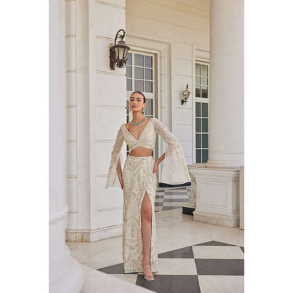 CHARU AND VASUNDHARA Saia Ivory Ethnic Blouse with Skirt (Set of 2)