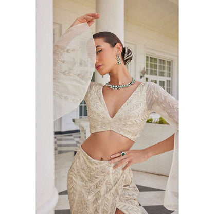 CHARU AND VASUNDHARA Saia Ivory Ethnic Blouse with Skirt (Set of 2)