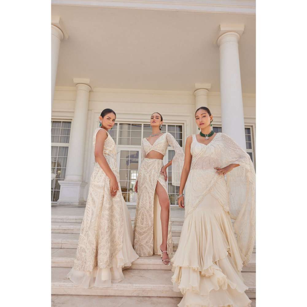 CHARU AND VASUNDHARA Saia Ivory Ethnic Blouse with Skirt (Set of 2)