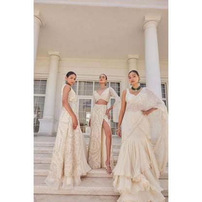 CHARU AND VASUNDHARA Saia Ivory Ethnic Blouse with Skirt (Set of 2)