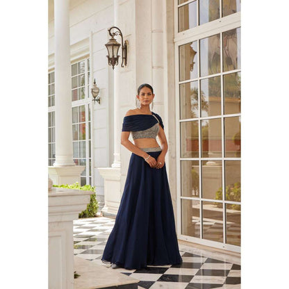 CHARU AND VASUNDHARA Selie Navy Blue Ethnic Blouse with Skirt (Set of 2)