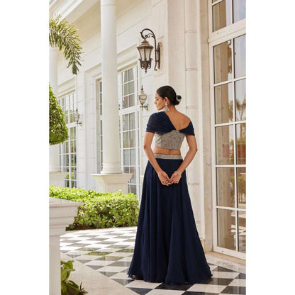 CHARU AND VASUNDHARA Selie Navy Blue Ethnic Blouse with Skirt (Set of 2)