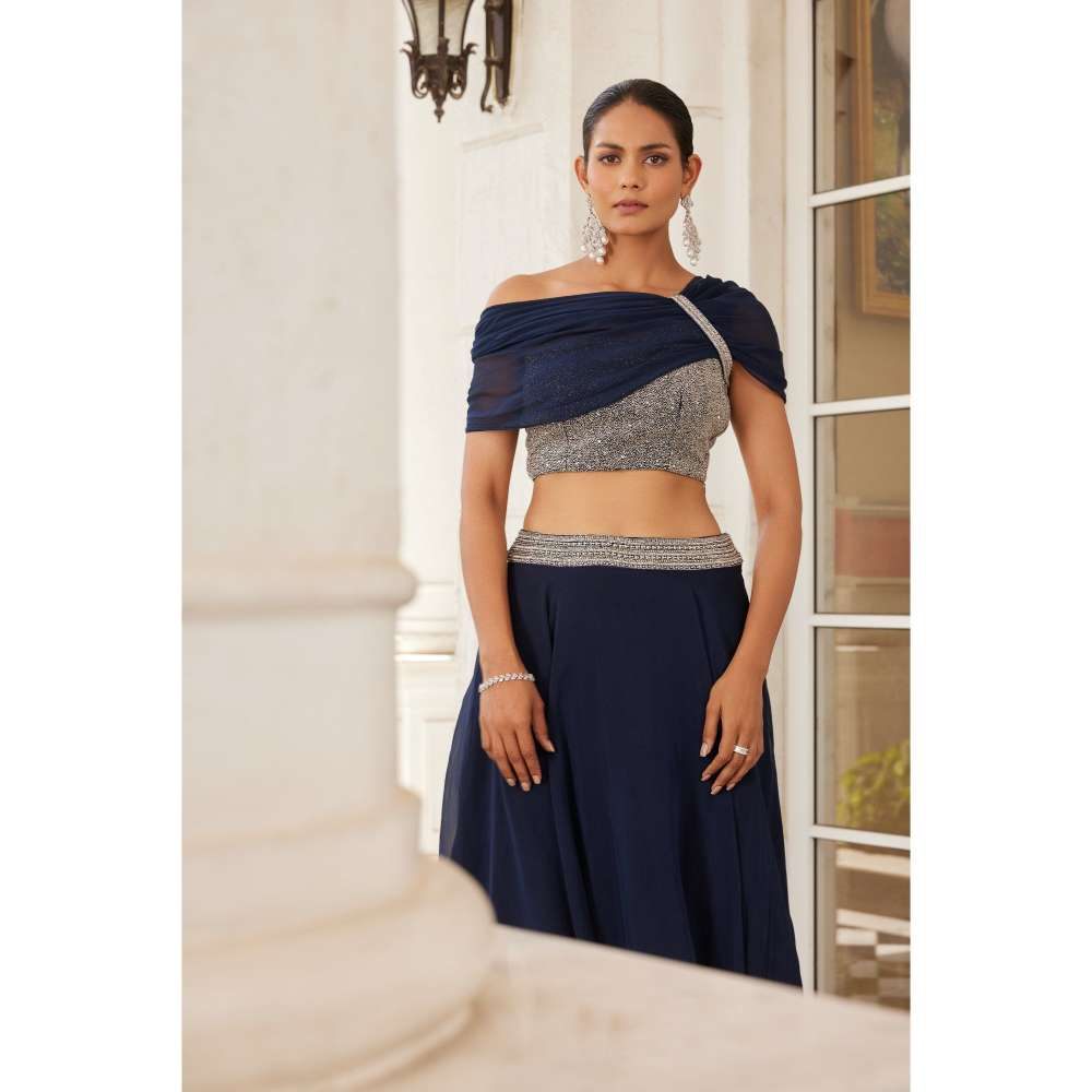 CHARU AND VASUNDHARA Selie Navy Blue Ethnic Blouse with Skirt (Set of 2)