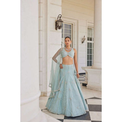 CHARU AND VASUNDHARA Stasia Salmon Blue Ethnic Skirt with Blouse & Dupatta (Set of 3)