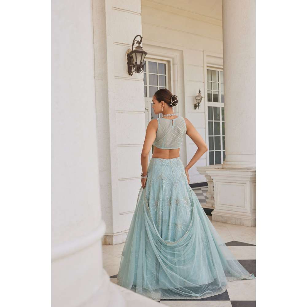 CHARU AND VASUNDHARA Stasia Salmon Blue Ethnic Skirt with Blouse & Dupatta (Set of 3)