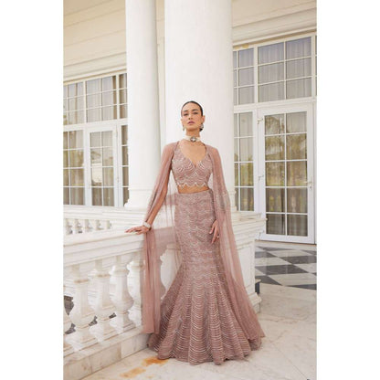 CHARU AND VASUNDHARA Siona Salmon Pink Skirt with Blouse & Cape (Set of 3)