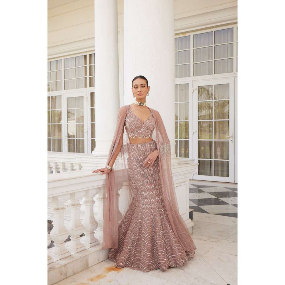 CHARU AND VASUNDHARA Siona Salmon Pink Skirt with Blouse & Cape (Set of 3)