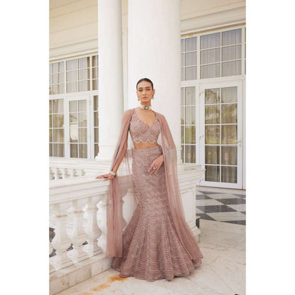 CHARU AND VASUNDHARA Siona Salmon Pink Skirt with Blouse & Cape (Set of 3)