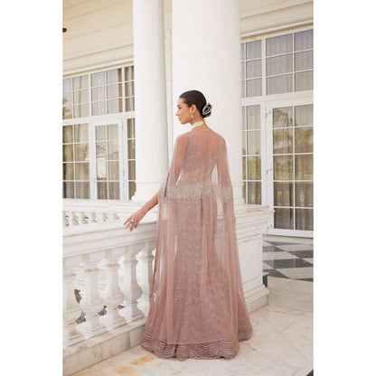 CHARU AND VASUNDHARA Siona Salmon Pink Skirt with Blouse & Cape (Set of 3)