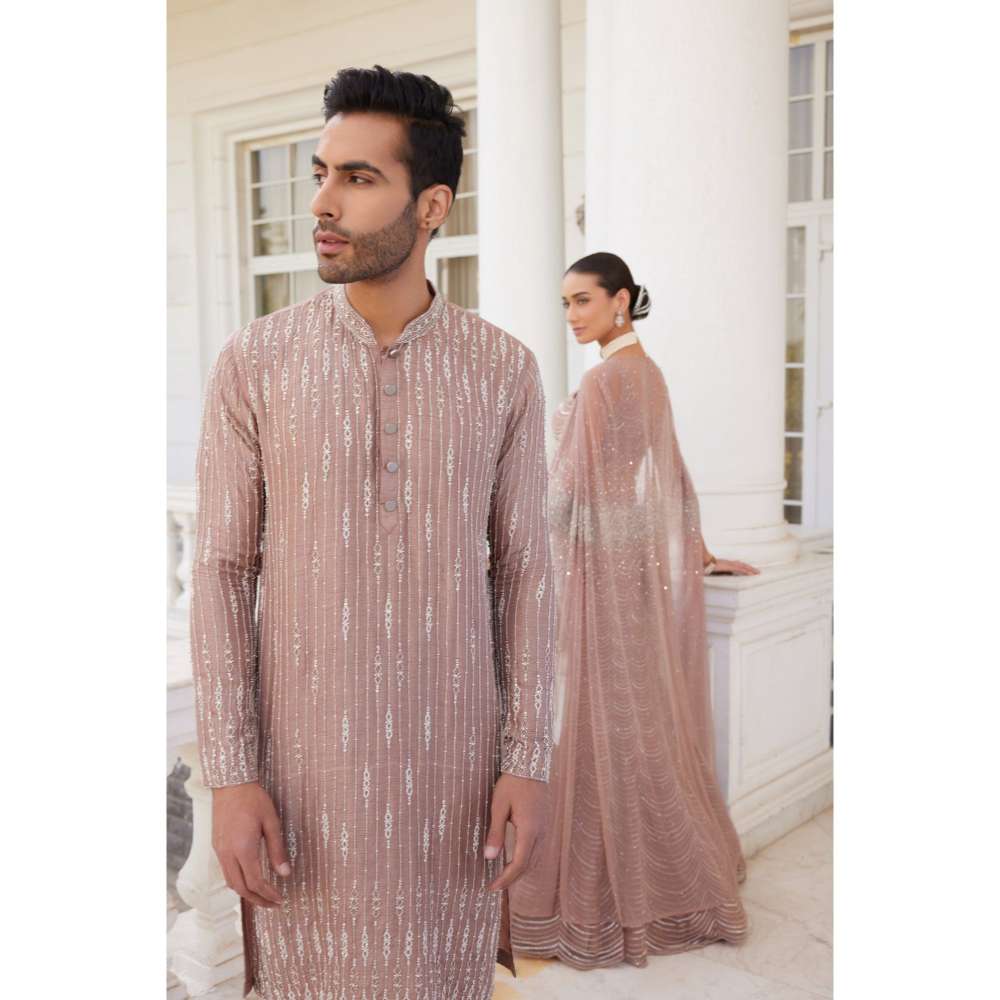 CHARU AND VASUNDHARA Siona Salmon Pink Skirt with Blouse & Cape (Set of 3)