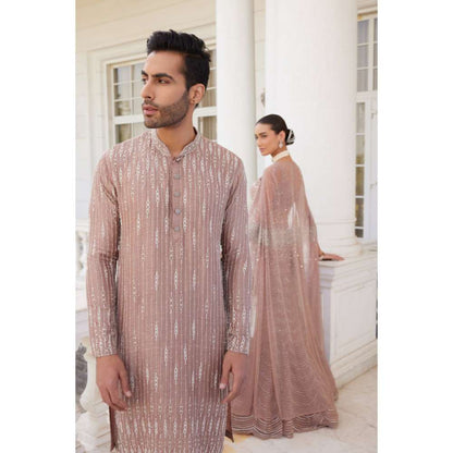 CHARU AND VASUNDHARA Siona Salmon Pink Skirt with Blouse & Cape (Set of 3)