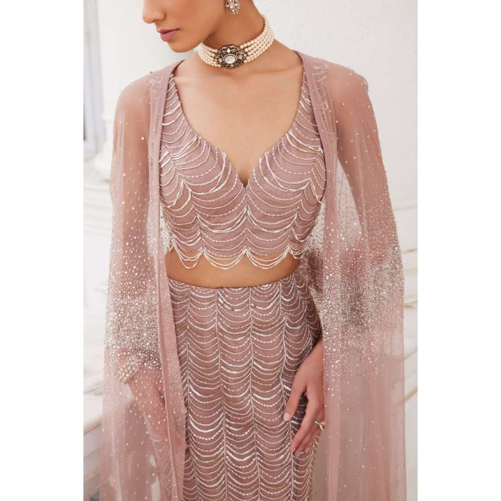 CHARU AND VASUNDHARA Siona Salmon Pink Skirt with Blouse & Cape (Set of 3)