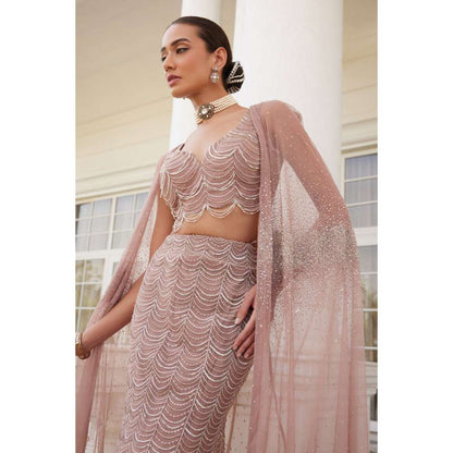 CHARU AND VASUNDHARA Siona Salmon Pink Skirt with Blouse & Cape (Set of 3)