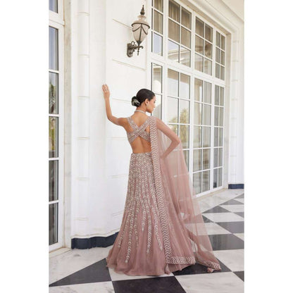 CHARU AND VASUNDHARA Sasha Salmon Pink Classic Skirt with Blouse & Dupatta (Set of 3)