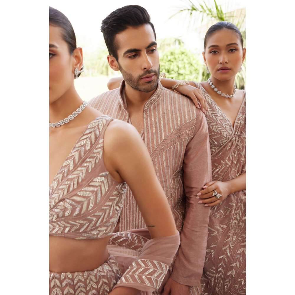 CHARU AND VASUNDHARA Sasha Salmon Pink Classic Skirt with Blouse & Dupatta (Set of 3)