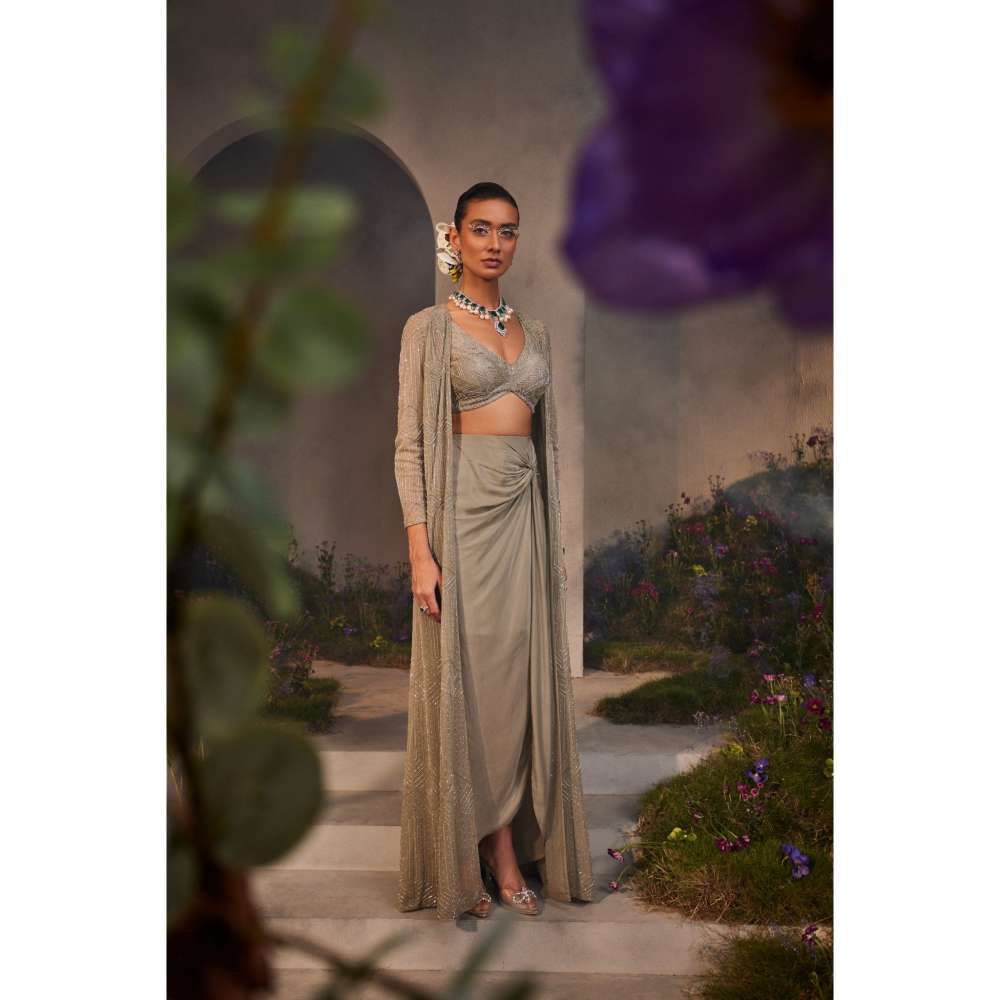 CHARU AND VASUNDHARA Leya Silver Grey Ethnic Skirt with Blouse & Jacket (Set of 3)