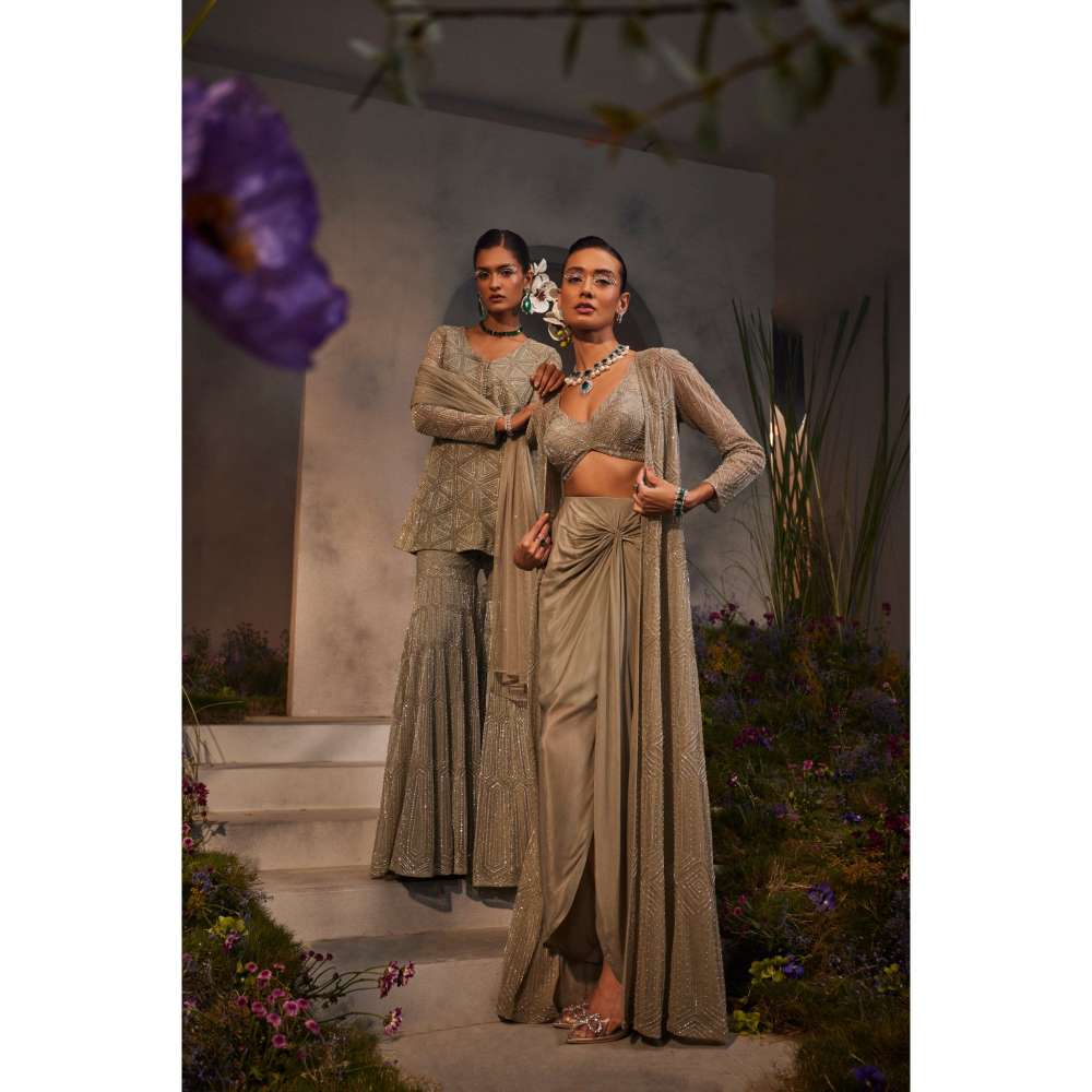 CHARU AND VASUNDHARA Leya Silver Grey Ethnic Skirt with Blouse & Jacket (Set of 3)