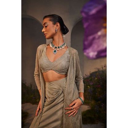 CHARU AND VASUNDHARA Leya Silver Grey Ethnic Skirt with Blouse & Jacket (Set of 3)