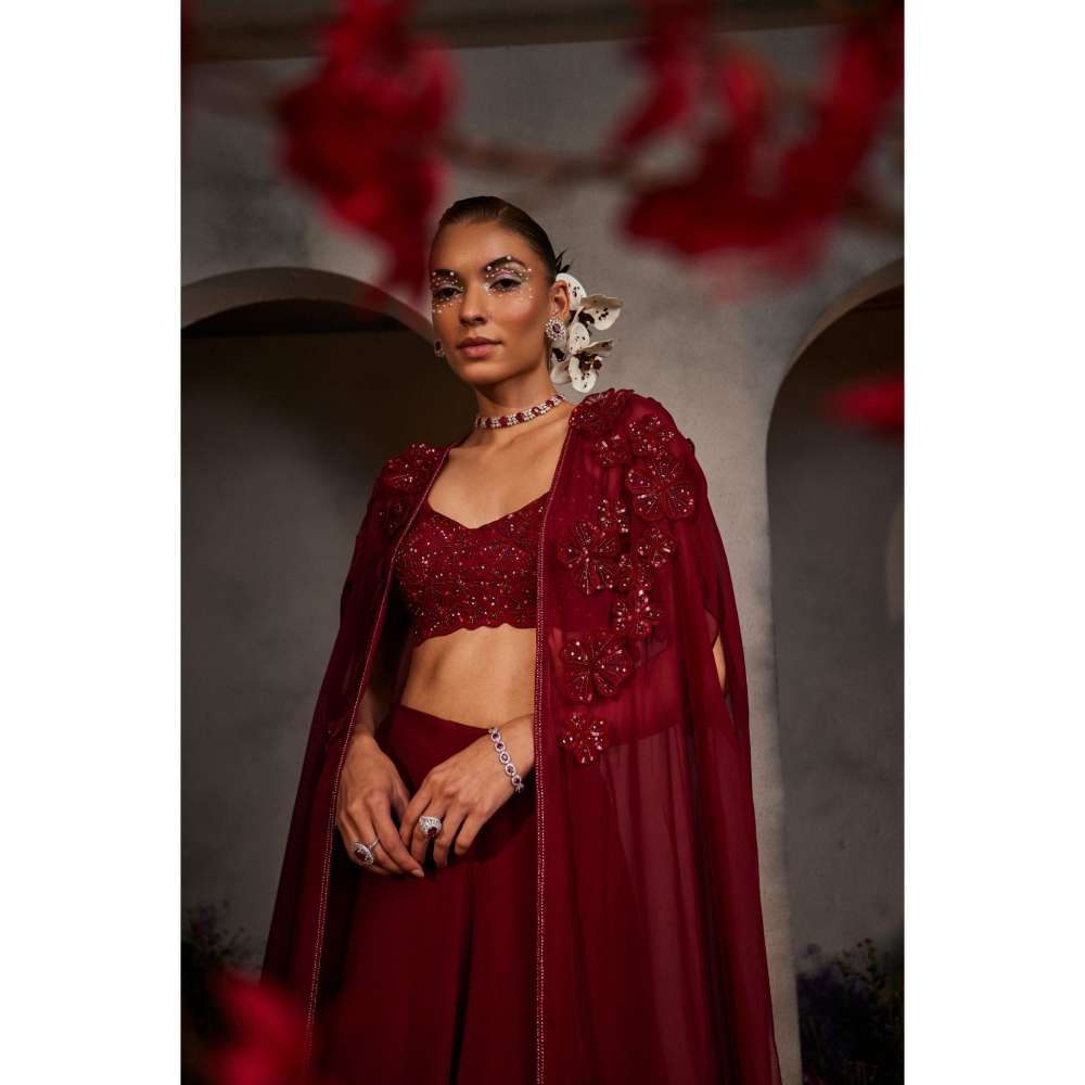 CHARU AND VASUNDHARA Lauren Maroon Ethnic Skirt with Bustier & Cape (Set of 3)