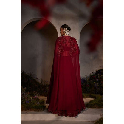 CHARU AND VASUNDHARA Lauren Maroon Ethnic Skirt with Bustier & Cape (Set of 3)
