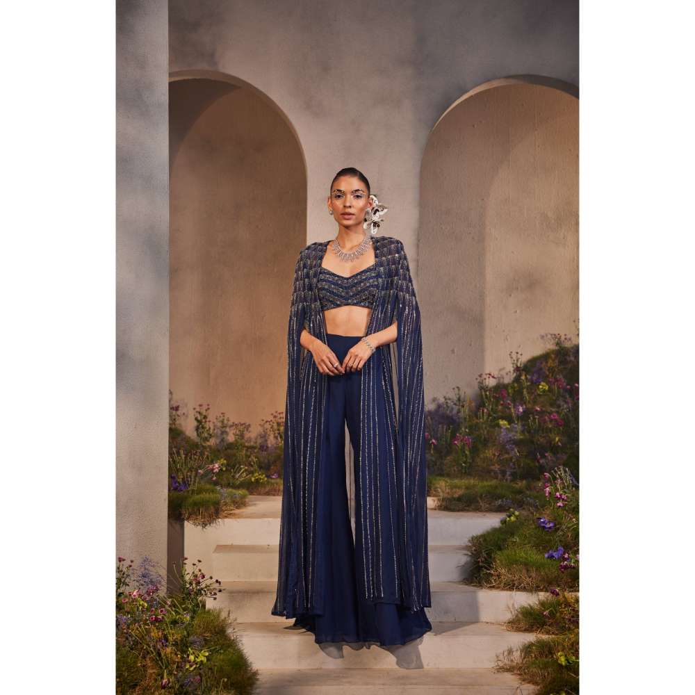 CHARU AND VASUNDHARA Lexi Electric Navy Blue Ethnic Cape with Pant & Bustier (Set of 3)