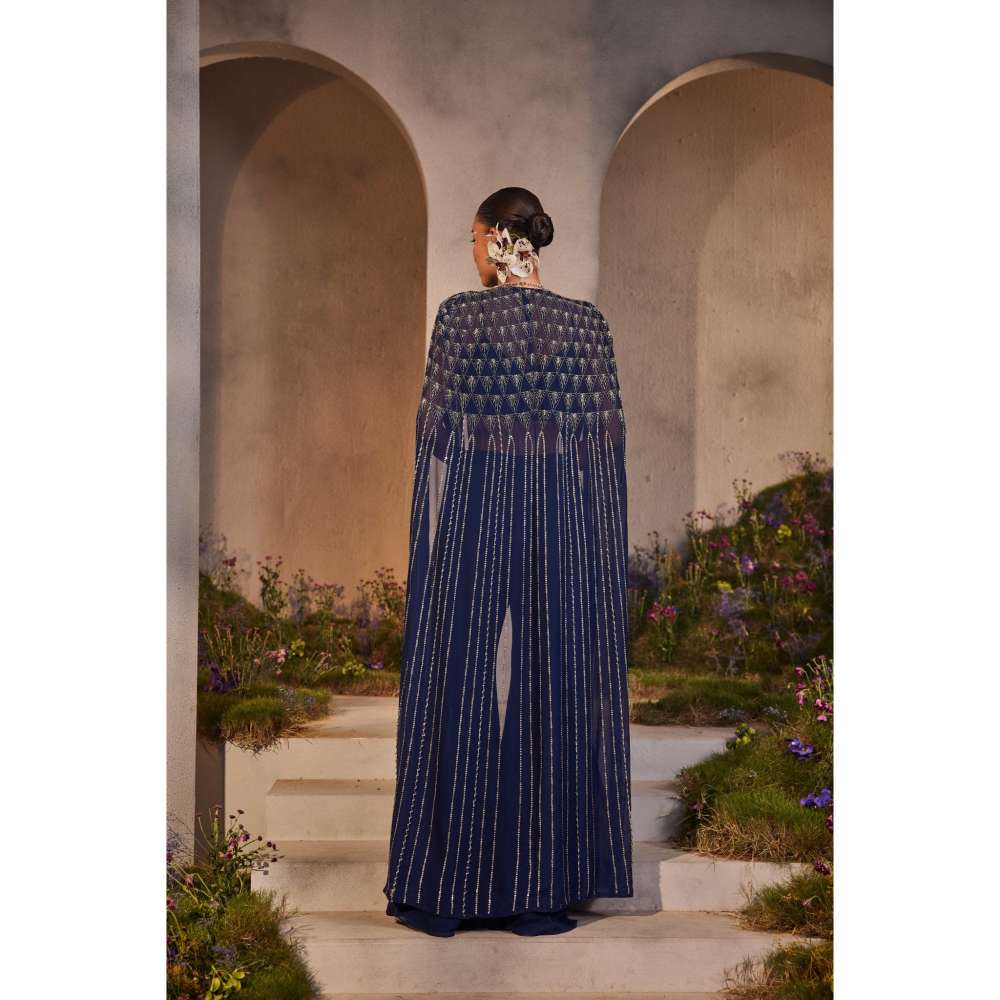 CHARU AND VASUNDHARA Lexi Electric Navy Blue Ethnic Cape with Pant & Bustier (Set of 3)