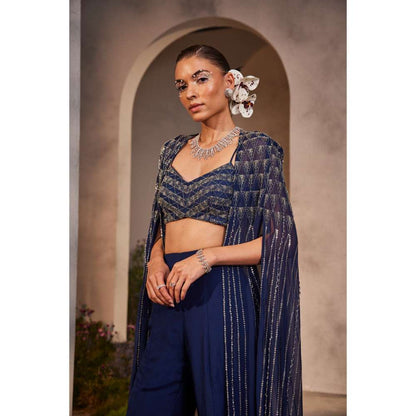 CHARU AND VASUNDHARA Lexi Electric Navy Blue Ethnic Cape with Pant & Bustier (Set of 3)