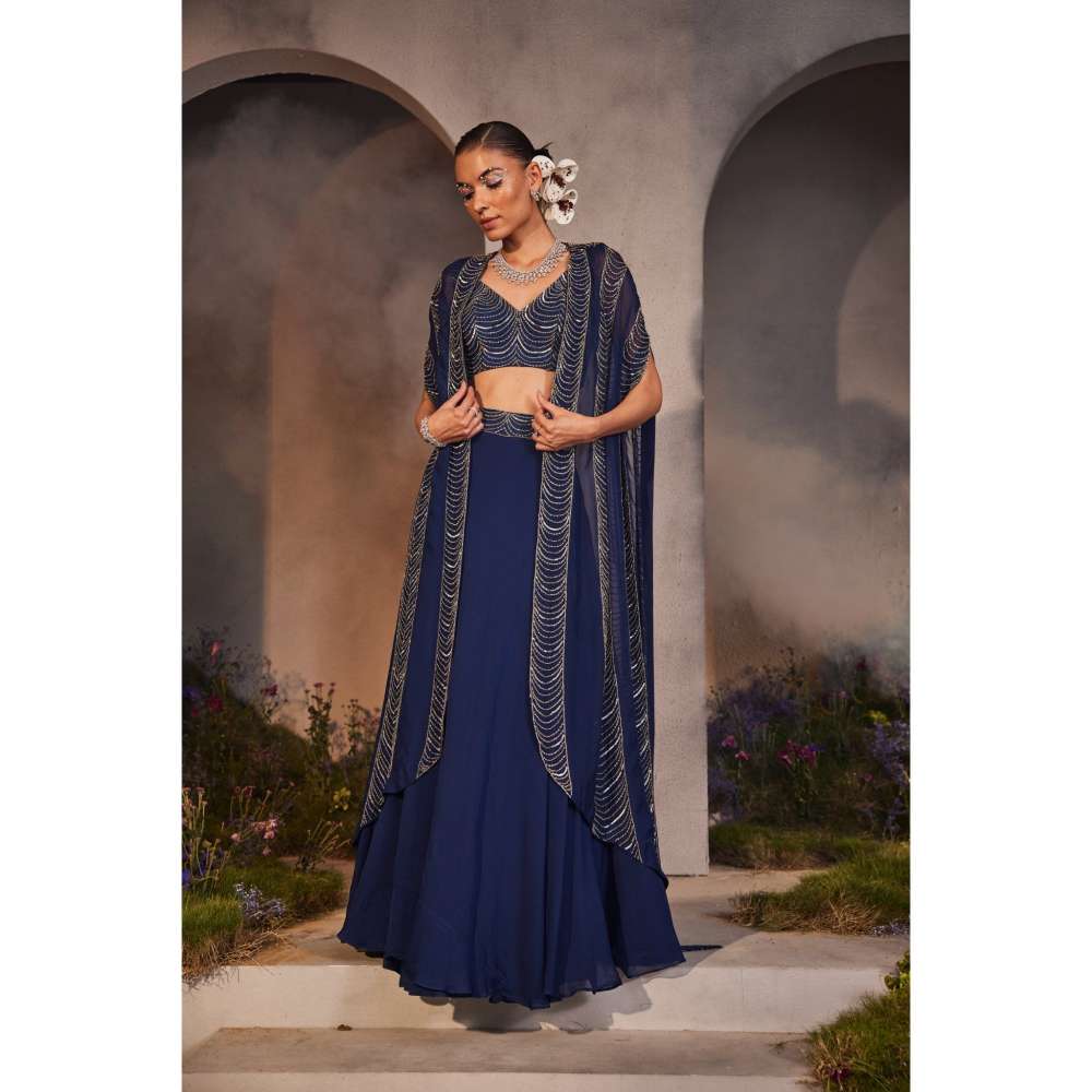 CHARU AND VASUNDHARA Leia Electric Navy Blue Ethnic Skirt with Bustier & Cape (Set of 3)