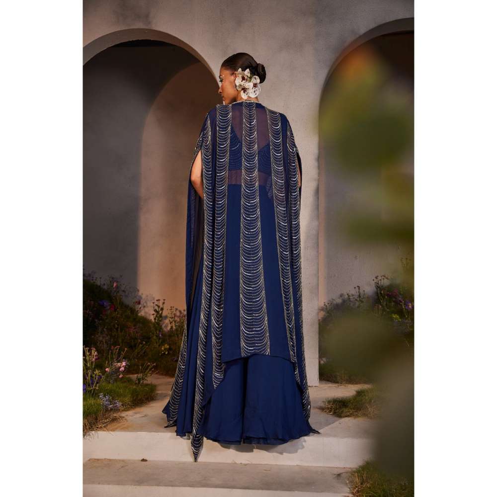 CHARU AND VASUNDHARA Leia Electric Navy Blue Ethnic Skirt with Bustier & Cape (Set of 3)