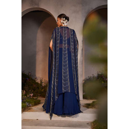 CHARU AND VASUNDHARA Leia Electric Navy Blue Ethnic Skirt with Bustier & Cape (Set of 3)
