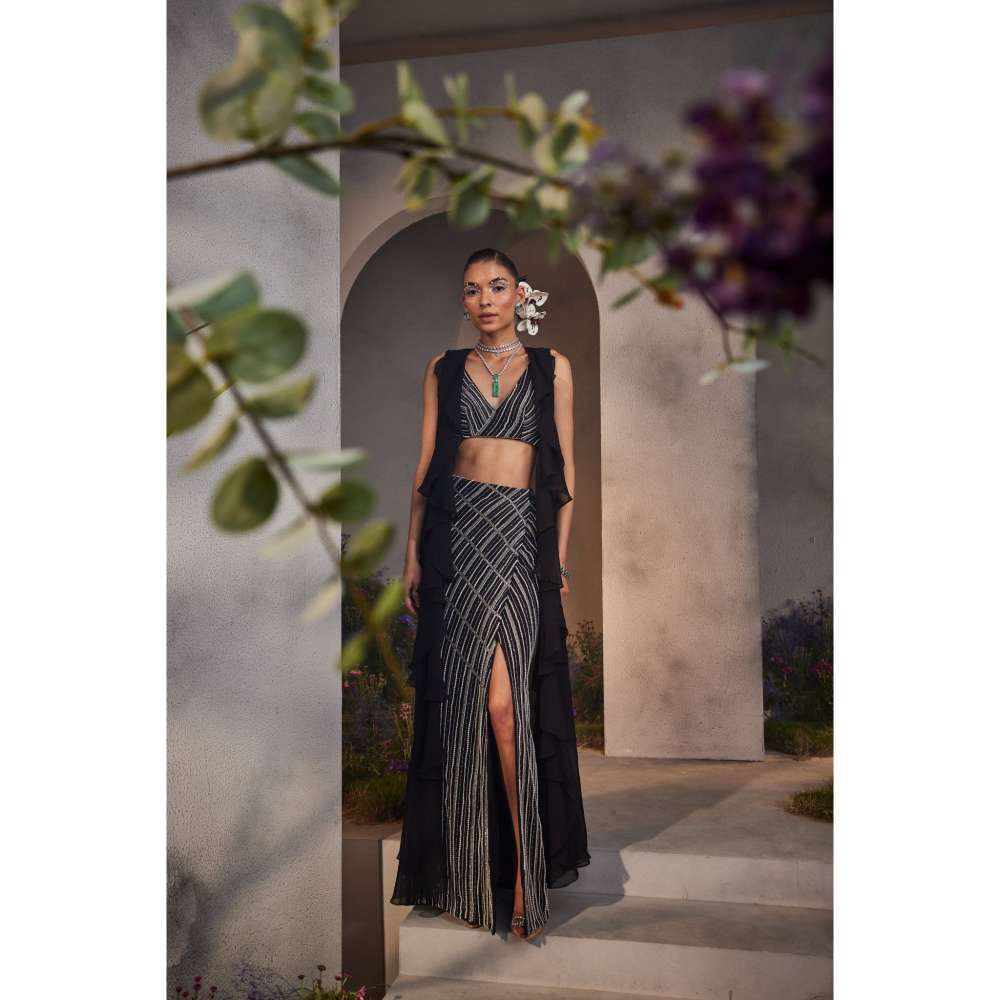 CHARU AND VASUNDHARA Luella Black Ethnic Skirt with Blouse & Jacket (Set of 3)