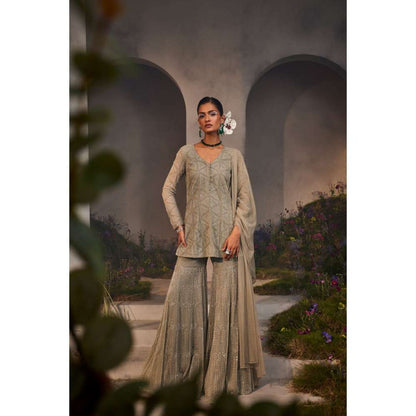 CHARU AND VASUNDHARA Luna Silver Grey Kurti with Sharara & Dupatta (Set of 3)