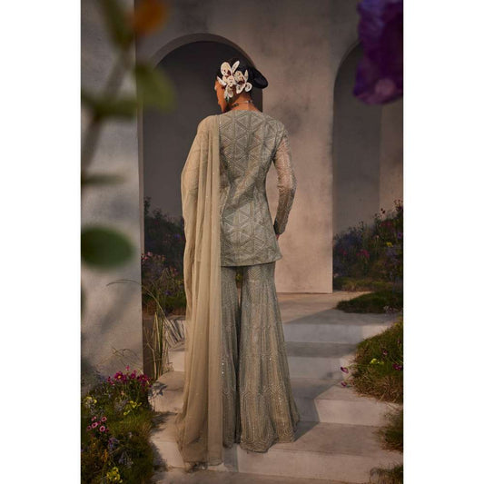 CHARU AND VASUNDHARA Luna Silver Grey Kurti with Sharara & Dupatta (Set of 3)