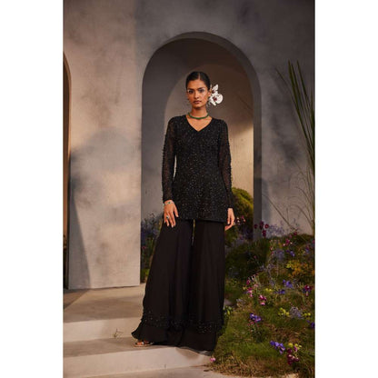 CHARU AND VASUNDHARA Lennon Black Kurti with Sharara & Dupatta (Set of 3)