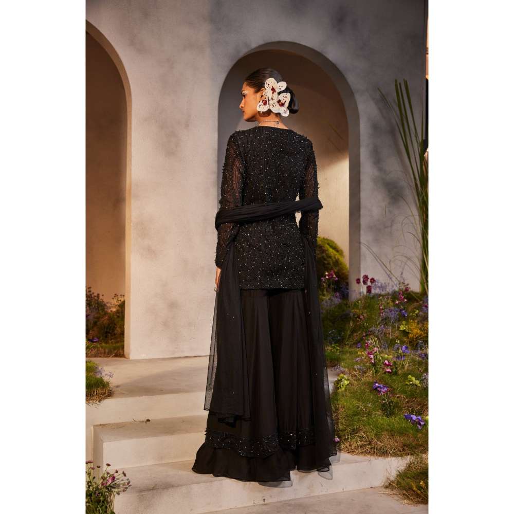 CHARU AND VASUNDHARA Lennon Black Kurti with Sharara & Dupatta (Set of 3)