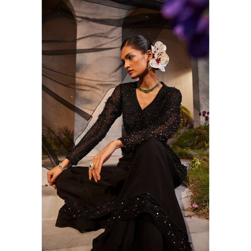 CHARU AND VASUNDHARA Lennon Black Kurti with Sharara & Dupatta (Set of 3)