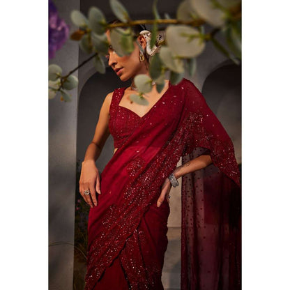 CHARU AND VASUNDHARA Leila Maroon Embroidered Lehenga Saree with Stitched Blouse & Palla