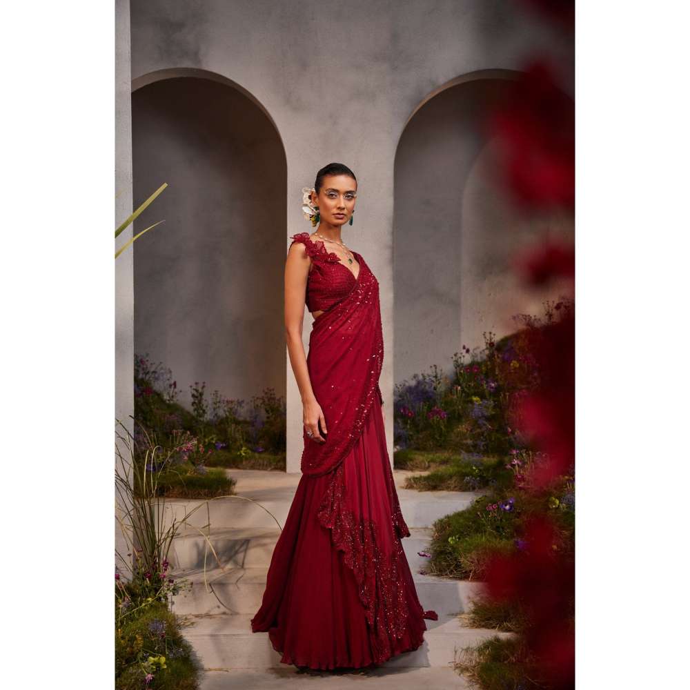 CHARU AND VASUNDHARA Leilani Maroon Embroidered Pre-Draped Saree with Stitched Blouse & Palla